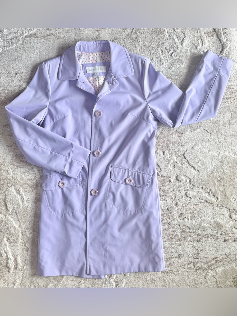 VINTAGE Liz Claiborne Lavender Lilac Rain Trench Coat Polka-Dot Lining Size S